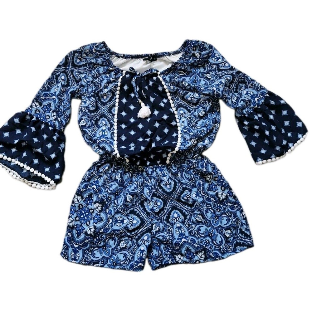 My Michelle Girls Blue Patterned Boho Romper 3/4 Bell Sleeve One Piece Sz S EUC